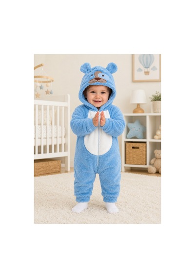 Kız Erkek Bebek Welsoft Peluş Tulum Kapüşonlu Fermuarlı Kışlık Bebek Tulumu Köpek Figürlü Yumuşak Polar Tulum Mavi