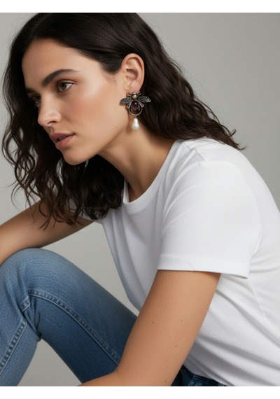 Zr Model Altın Kaplama Taşlı Ve İncili Arı Küpe Çok Renkli