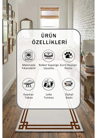 Klasik Krem Kahve Yıkanabilir Yolluk