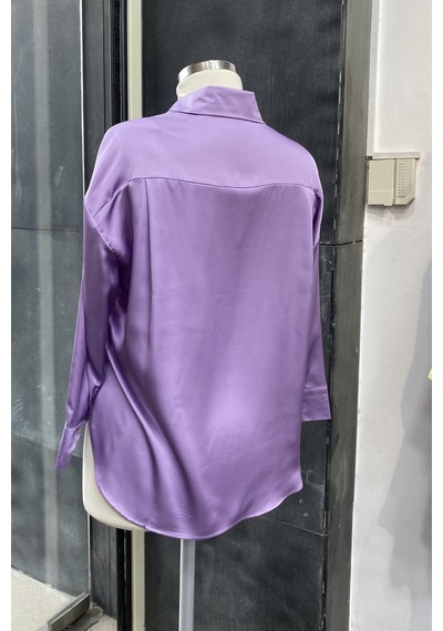 Pera Moda Büyük Beden İpek Saten Klasik Gömlek Lila