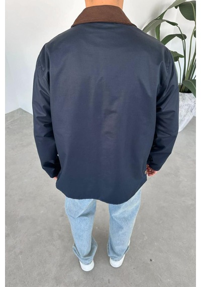 Lacivert Waxed Çıt Çıt Cep Detay Oversize Ceket Lacivert
