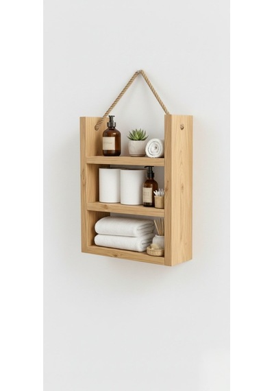 Doğal Ahşap Banyo Rafı - 3 Katlı Duvar Rafı - Askılı Dekoratif Raf 60x30 Cm Bej