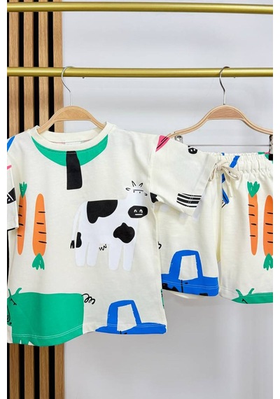 Monila Erkek Çocuk Çiftlik Baskılı Pamuklu T-shirt Şort Altüst Takım Ekru