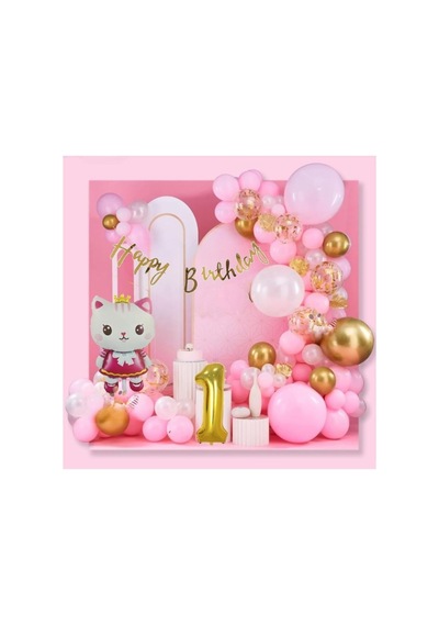 Sevimli Kedi Gold 1 Yaş Folyo Balonlu Pembe Gold Konsept Doğum Günü Parti Seti Genel