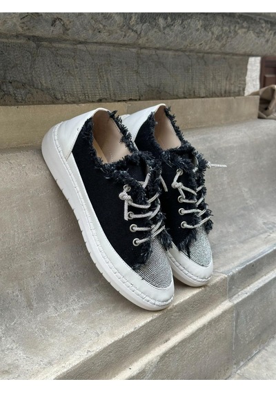 Erva'nın Butiği Siyah Keten Jule Taş Bağcıklı Kadın Sneakers-5784