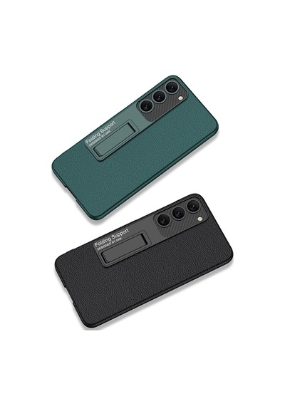 Samsung Galaxy S23 Plus Uyumlu Kılıf Karbon Fiber Ve Suni Deri Görünümlü Standlı Kapak Siyah Karbon