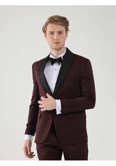 Dufy Bordo Erkek Slim Fit Sivri Yaka Smokin Takım - 92433 Bordo