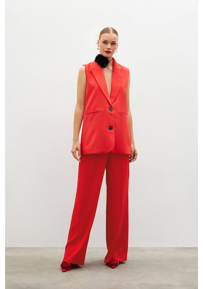 Sateen Pile Detaylı Salaş Pantolon - Kırmızı