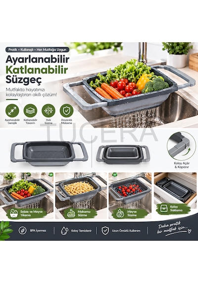 Ayarlanabilir Katlanabilir Lavabo İçi Süzgeç 6.3 Litre Geniş Hacimli Meyve, Sebze Ve Makarna Süzgeci Antrasit Gri