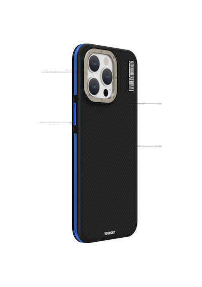 Apple Uyumlu iPhone 15 Pro Kılıf Magsafe Şarj Özellikli Youngkit 600d Kevlar Kapak Mavi