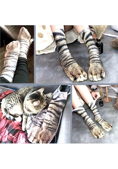 Omeniv Tekir Kedi Pati Desenli Uzun Bayan Çorabı Çorap Süper Antrasit
