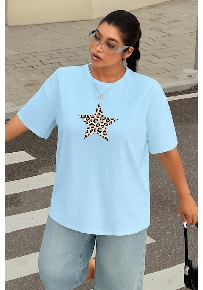 Benroma Büyük Beden Yıldız Leopar Baskılı Unisex Tişört Bebe Mavisi
