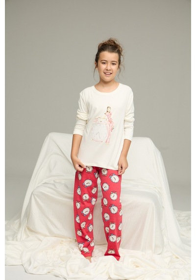 Siyah İnci Saat Desenli Pamuklu Bisiklet Yaka Örme Pijama Takım25241139 Ekru