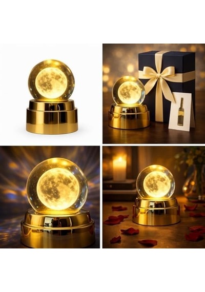 Kristal Küre Ay Lambası, Altın Renkli Taban, Led Işıklı, Masa Lambası, 15 Cm, Sıcak Beyaz Işık Diğer
