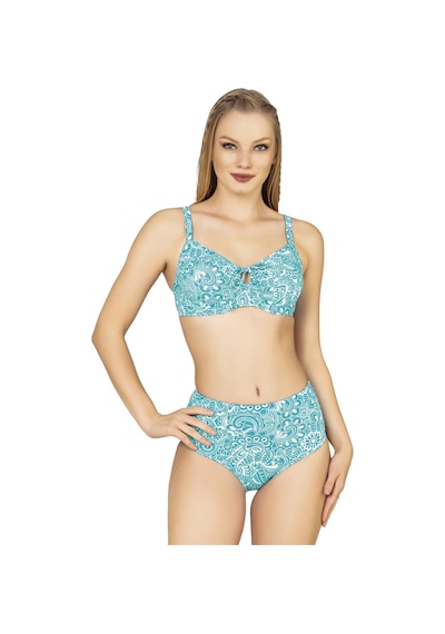 Endeep Kadın Balenli Destekli Şal Desen Yüksek Bel Bikini Takımı Yeşil
