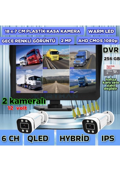 2 Adet Ahd 2 Mp Beyaz Warm Ledli Kamera 10'' Qled 6 Kanallı Monitör Seti 12 V 256 Gb
