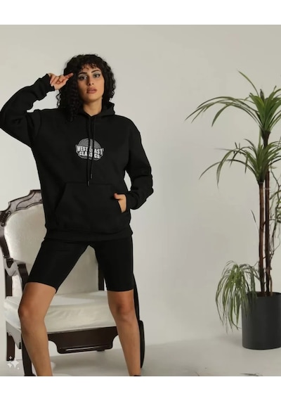 De'charme Unisex Sırt Baskılı Kapüşonlu Üç İplik Oversize Sweatshirt - Siyah