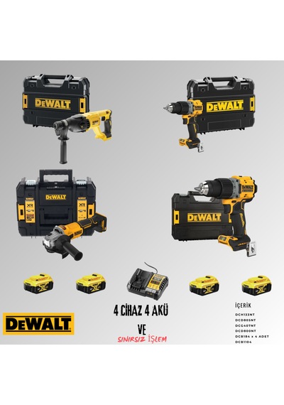 Dewalt DCH133NT + DCD805NT + DCG407NT + DCD800NT 4 Adet 5 Amper Akü + Şarj Aleti Set