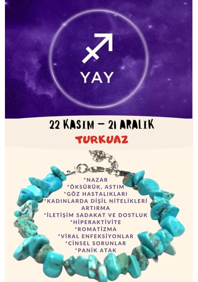 Gümüştel El Sanatları Sertifikalı Burç Taşı Yay Burcu Turkuaz Taşı Bileklik Çok Renkli