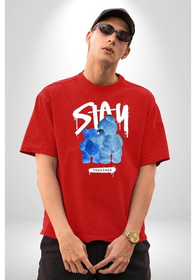 Birlikte Kal Pamuklu Bisiklet Yaka Unisex Oversize Boyfriend Dijital Baskılı Kırmızı T-shirt Kırmızı