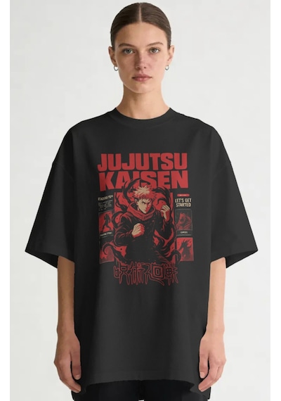 Jujutsu Kaisen Itadori Yuji Anime Baskılı Unisex Oversize Premium Siyah