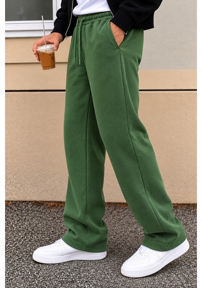 Tarz Cool Erkek Oversize Baggy Fit Eşofman Altı %100 Pamuk 3 İplik Şardonlu Bol Paça Rahat Kesim Yeşil