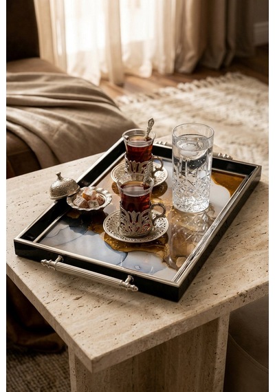 1010 Nolu Siyah Gümüş Tepsi 50x31x4 Cm Çok Renkli