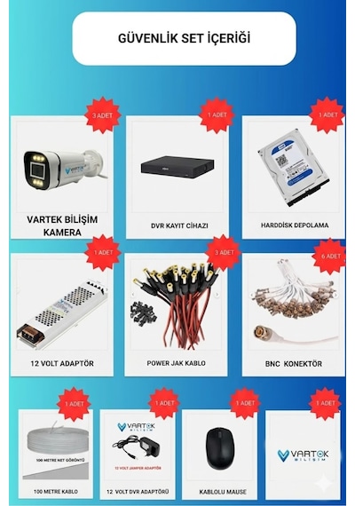 3 Kameralı 6 Atom Led Gece Renkli Görüşlü Güvenlik Kamerası Seti + 500 Gb Hdd