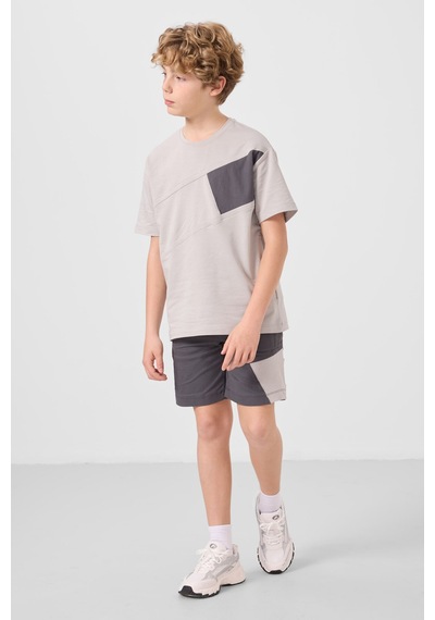 Taş-antrasit Pamuklu Oversize Fit Dokuma Hafif Esnek Chino Erkek Çocuk Şort Takım - 11275 Taş