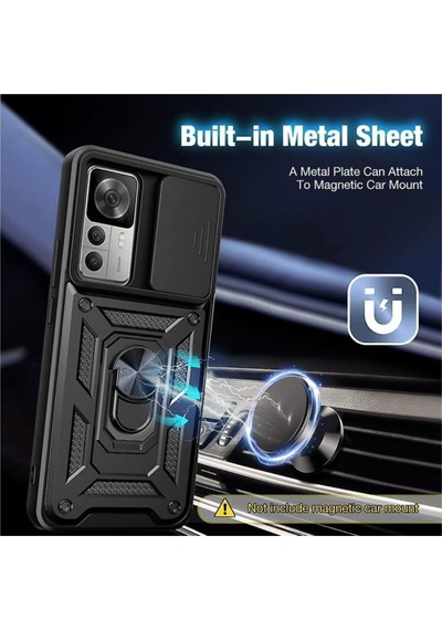 Xiaomi 12T Pro Uyumlu Tank Kılıf Yüzüklü Standlı Extra Koruma Zırhlı Outdoor Kapak - Siyah