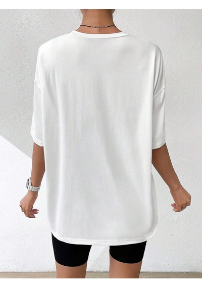 Smile Çizgi Yüz T-shirt - Beyaz Baskılı Oversize Bisiklet Yaka Kısa Kol Tişört Beyaz