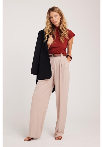 Tudors Kadın Regular Fit Klasik Kesim Yüksel Bel Geniş Paça Taş Pantolon-39585 Taş