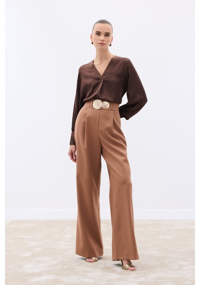 Sateen Aksesuarlı Pantolon - Camel-136562 Camel