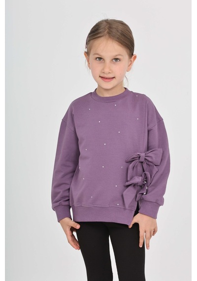 Toontoy Kız Çocuk Taşlı Fiyonklu Sweatshirt Mor