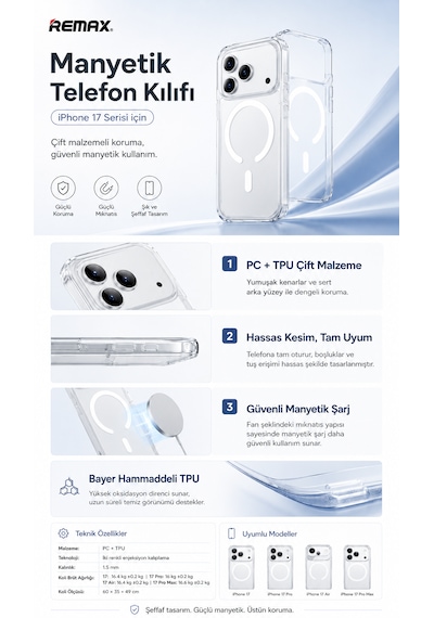 Remax Crystal Series Apple iPhone 17 Pro Max Magsafe Uyumlu Kristal Şeffaf Kılıf Darbe Emici Bayer Silikon Rmc-2 Remax Crystal Series Apple iPhone 17 Pro Max Magsafe Uyumlu Kristal Şeffaf Kılıf Darbe Emici Bayer Silikon Rmc-2
