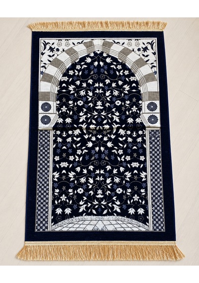 Ravza Desenli Kadife Seccade 70x115 Cm Çeyizlik Hediyelik Seccade Lacivert