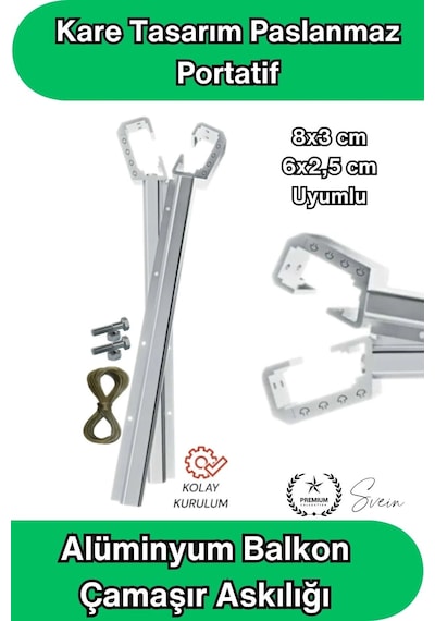 8x3 Ve 6x2.5 Cm Uyumlu Alüminyum Balkon Çamaşır Askılığı Takılabilir Küpeşte Kurutmalık Kare Boru Uy Çok Renkli