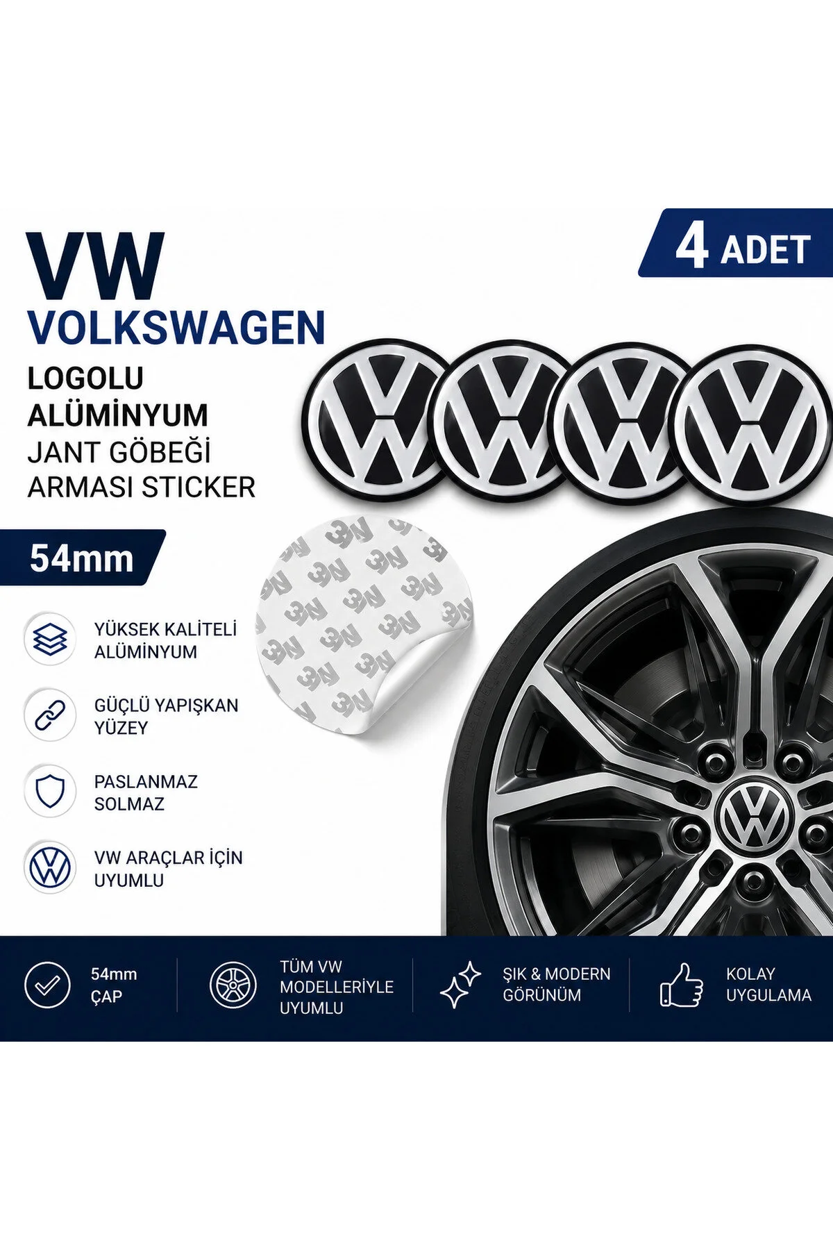 Vw Volkswagen Uyumlu Alüminyum Jant Göbeği Arması Sticker 54mm - 4 Adet