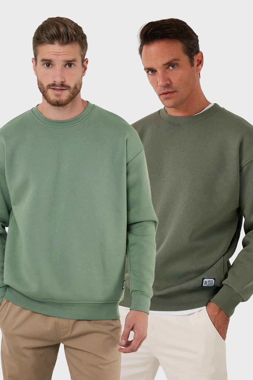 Buratti Regular Fit Bisiklet Yaka Şardonlu 2'Li Paket Erkek Sweat 5905255S2 Elma-Haki