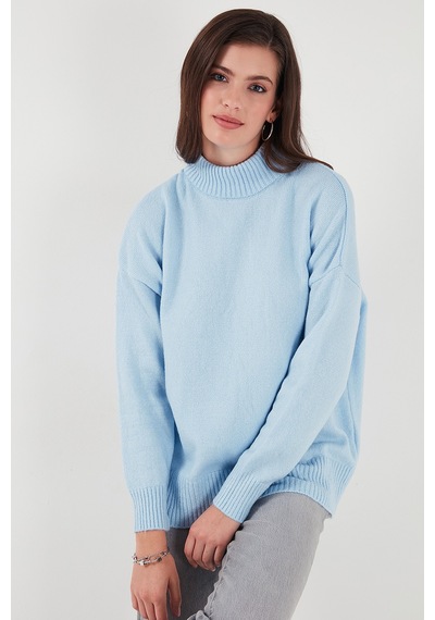 Lela Premium Oversize Fit Balıkçı Yaka Yumuşak Dokulu Triko Bayan Kazak 680Kz00469 Bebe Mavi