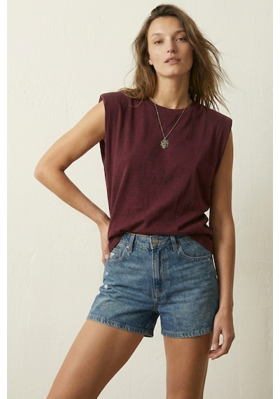 Elemge %100 Pamuk Süprem Tok Kumaş Kadın Oversize Bordo T-shirt Geniş Omuzlu Dökümlü Kolsuz Bol Kalıp