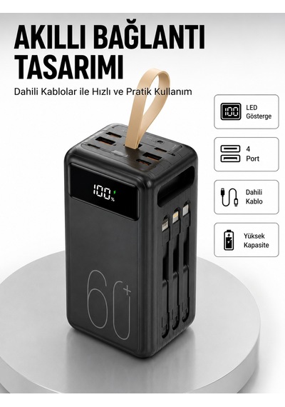 Tüm Cihazlarla Uyumlu Led Fenerli 4 Çıkışlı Powerbank Yeni Nesil Sarı