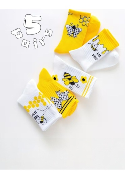 Hitit Socks Kadın 5 Çift Premium Kalite Arı Ve Çiçek Desenli Uzun Soket Çorap Sarı