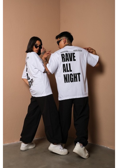 Technomonkey Unisex Beyaz Oversize Rave All Night Baskılı Techno Tişört