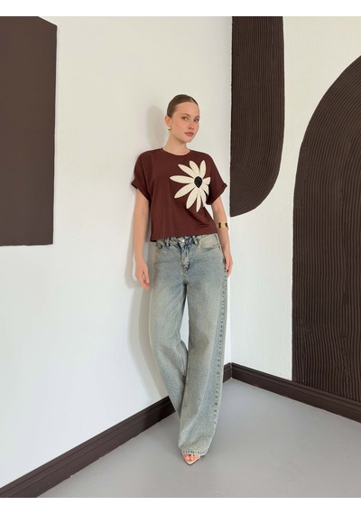 Verymoda Çiçek Detaylı Tişört D2910 Kahve