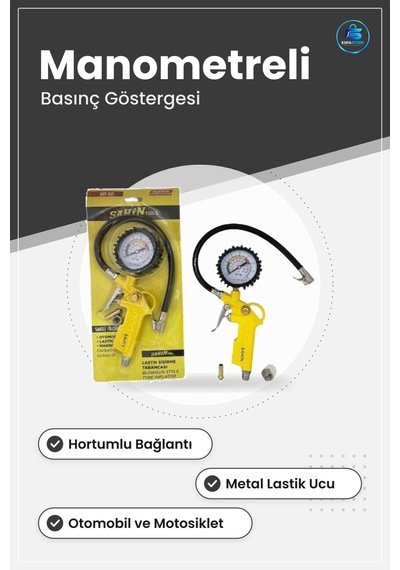 Lastik Şişirme Tabancası Araç Kompresörü Manometreli Hortumlu Oto