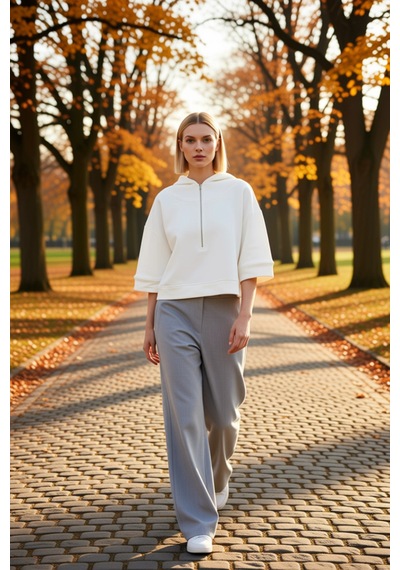Benerly Kadın Kapüşonlu Truvakar Kol Fermuar Detaylı Oversize Sweatshirt Ekru