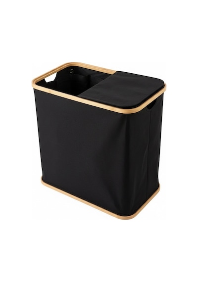 Bambu Çerçeveli 100 Litre Kapaklı Katlanabilir Çamaşır Sepeti, 2 Bölmeli Kirli Sepeti 60x54x33 Siyah