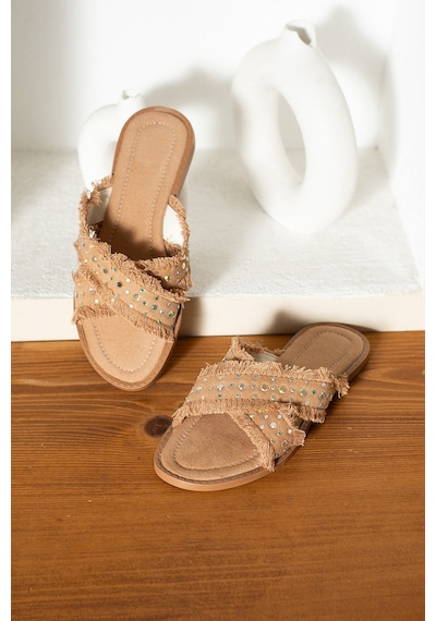 Dabab Shoes İnka Kadın Hasır Dokulu Kuş Gözü Detaylı Düz Taba Terlik