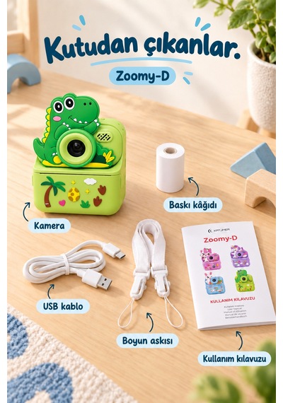 Kj/zm-002 Zoomy-d Dinozor Figürlü Anında Baskılı Çocuk Fotoğraf Makinesi, Çift Kamera, 2,4 İnç Ekran, 1080p Video, 3+ Yaş Yeşil